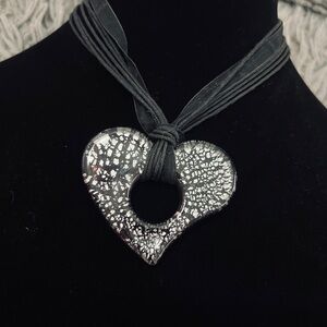 Elegant Murano Glass Burgundy and Silver Heart Pendant Necklace